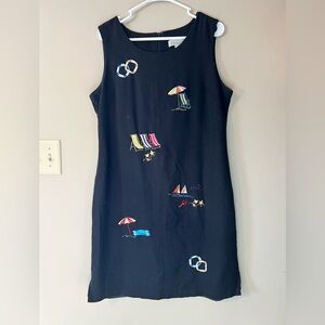 Dress Barn black nautical embroidered sheath dress linen blend sz 14